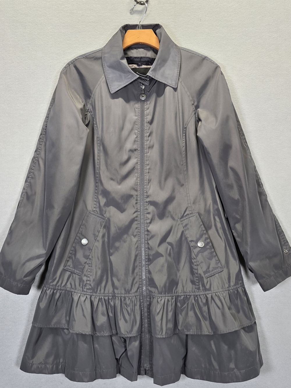 BETSEY JOHNSON Women's Trench Coat Removable Vest, Size S Gray Ruffle Hem